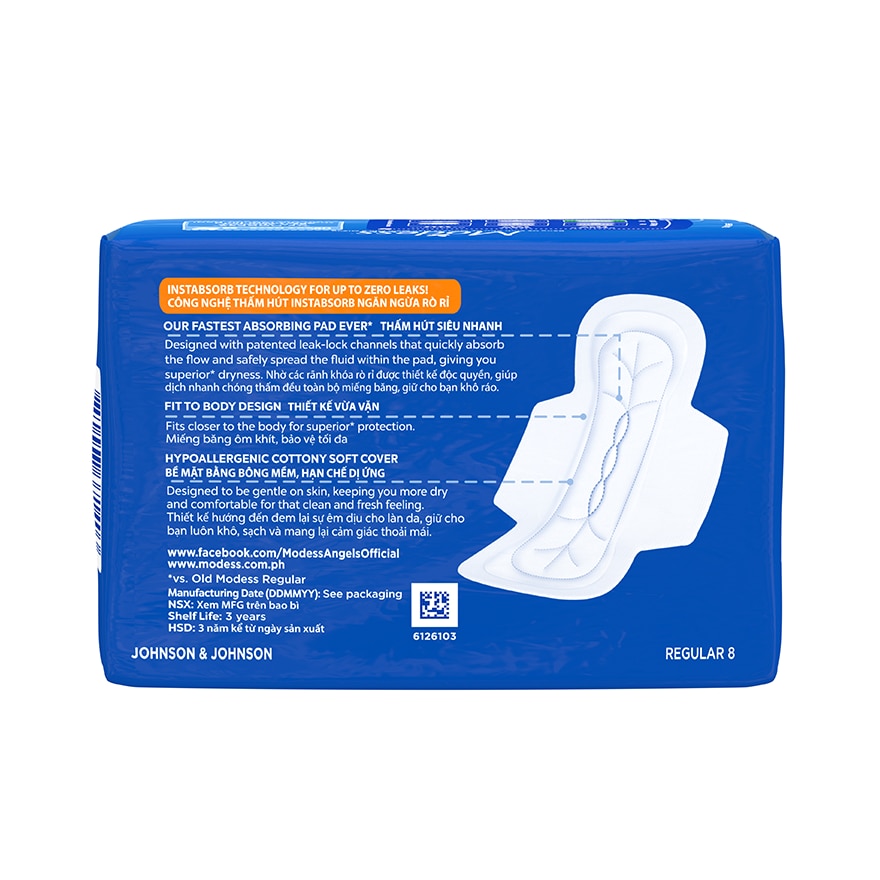 Modess Regular Cottony Soft with Wings Sanitary Napkins 8s Regular Flow, Fast Absorbing vs Leaks image