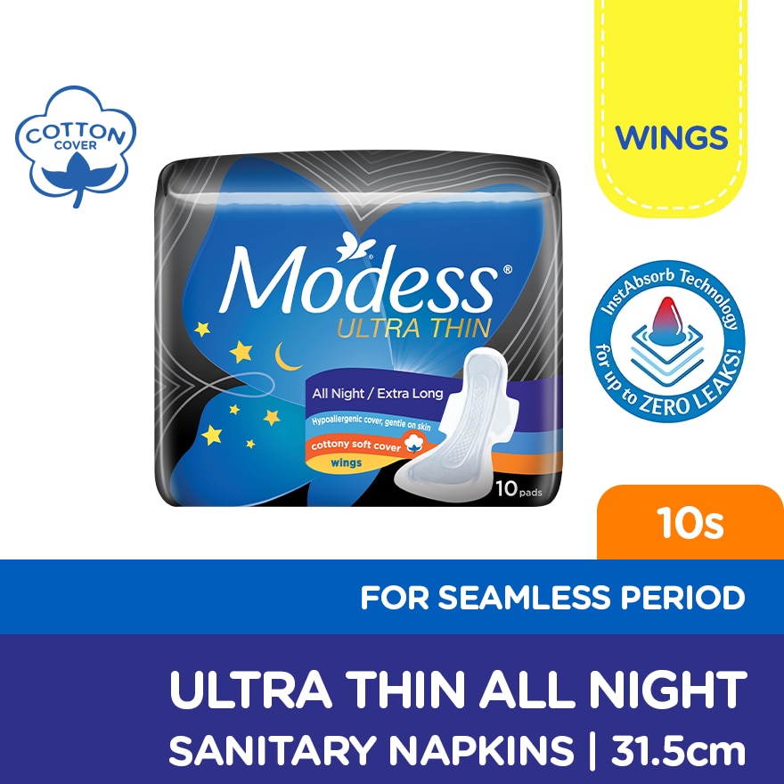 Modess All Night Ultra Thin Extra Long with Wings Sanitary Napkin 10s - Med-Heavy Flow,Thin Pad image