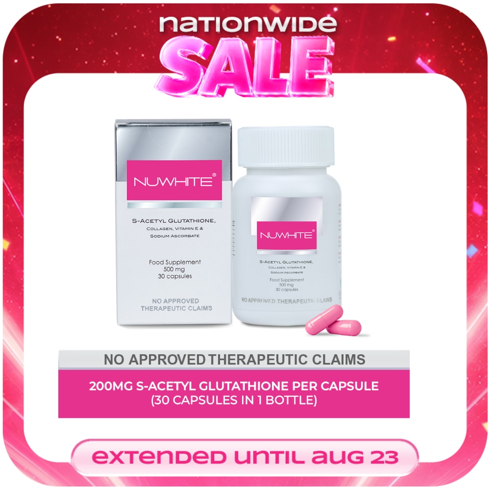NUWHITE, S-Acetyl Glutathione with Marine Collagen Sodium Ascorbate and Vitamin E Food Supplement 30 Capsules