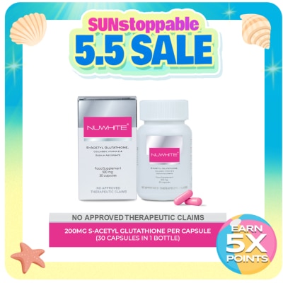NUWHITE - S-Acetyl Glutathione with Marine Collagen Sodium Ascorbate and Vitamin E Food Supplement 30 Capsules