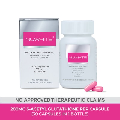 NUWHITE S-Acetyl Glutathione with Marine Collagen Sodium Ascorbate and Vitamin E Food Supplement 30 Capsules