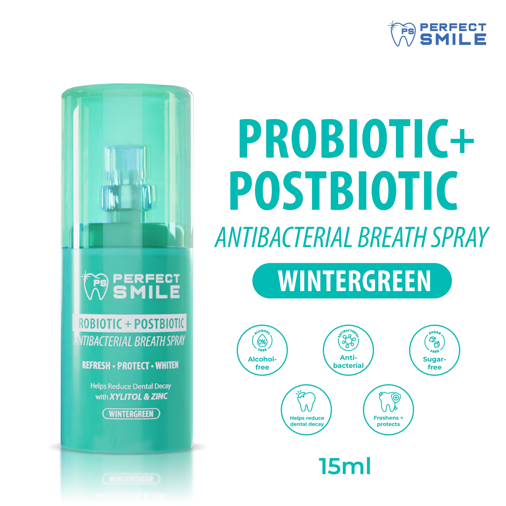 PERFECT SMILE Probiotic+Postbiotic Antibacterial Breath Spray Wintergreen 15ml