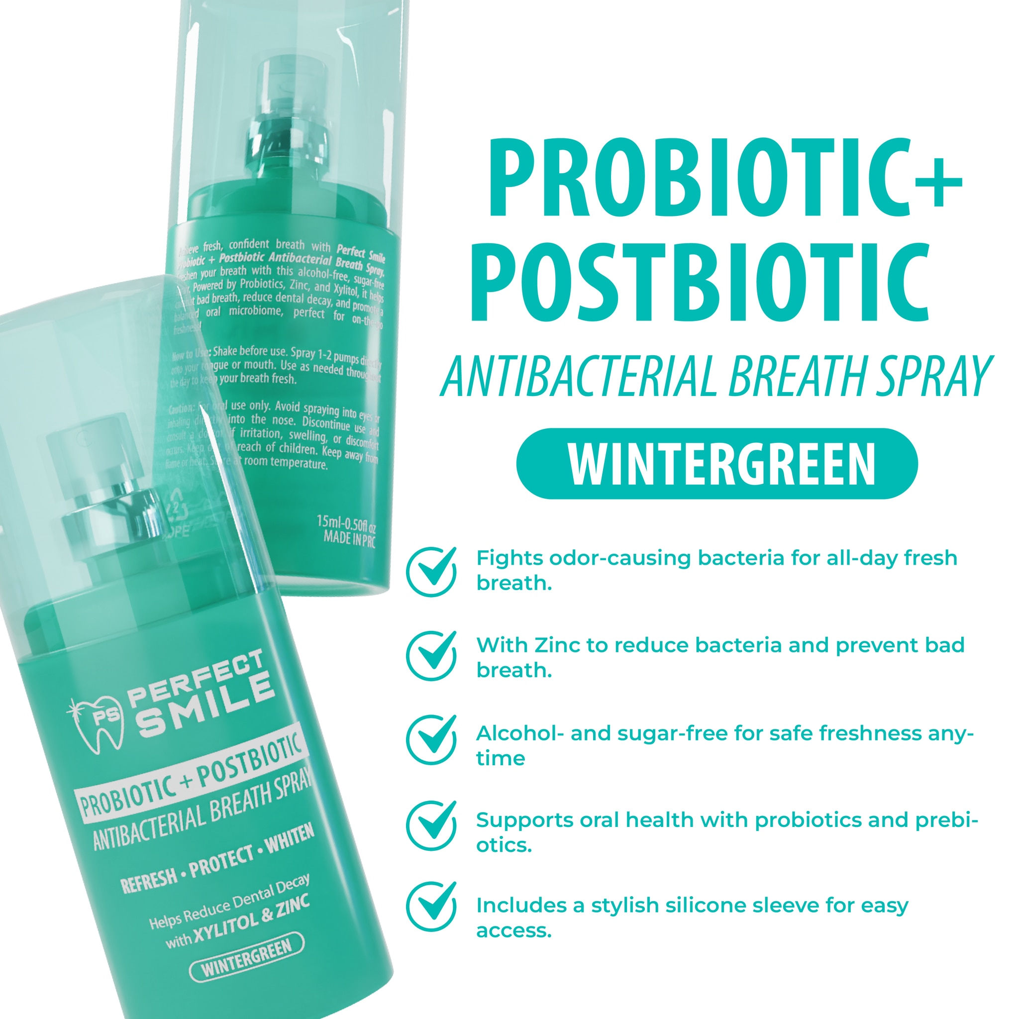 PERFECT SMILE Probiotic+Postbiotic Antibacterial Breath Spray Wintergreen 15ml