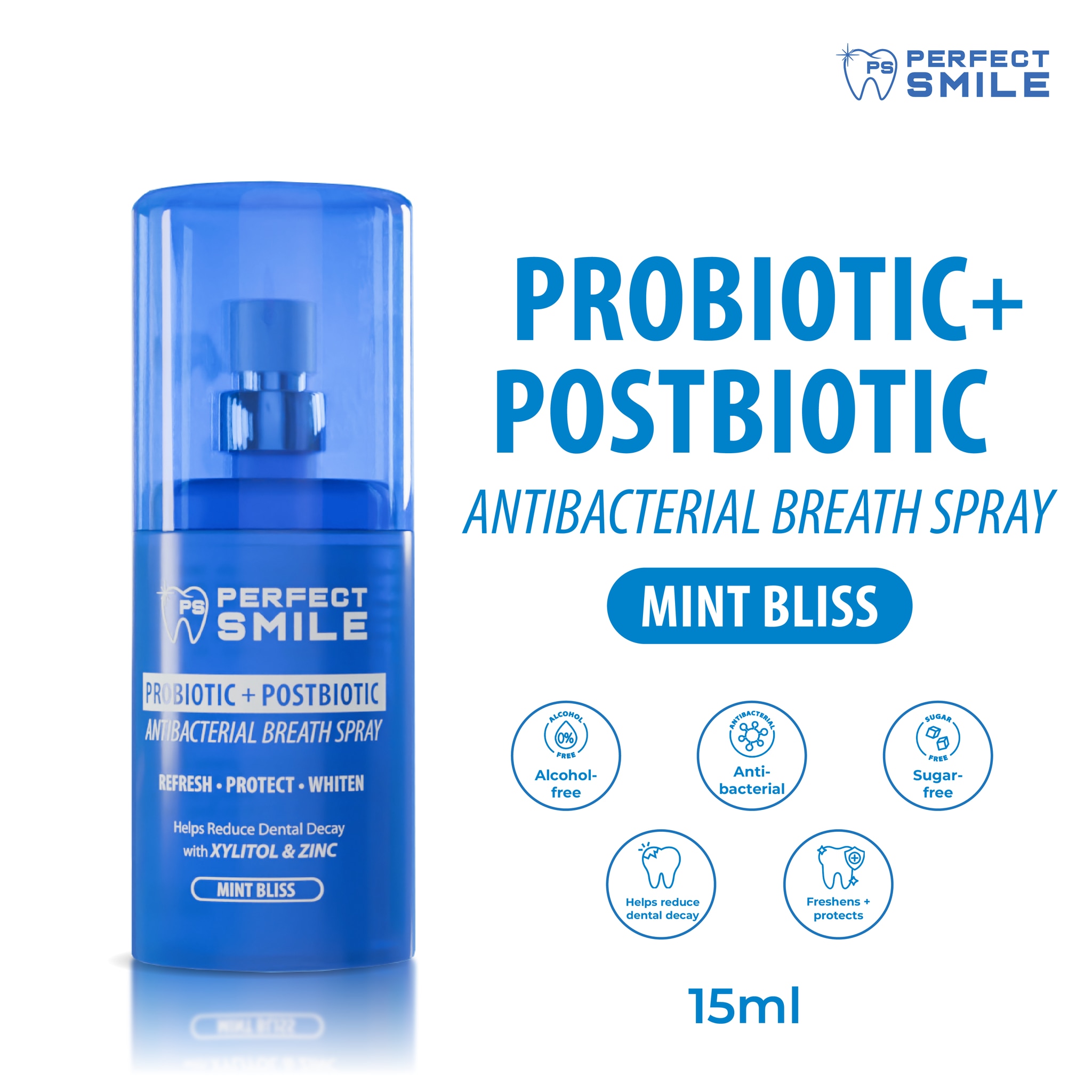PERFECT SMILE Probiotic+Postbiotic Antibacterial Breath Spray Mint Bliss 15ml