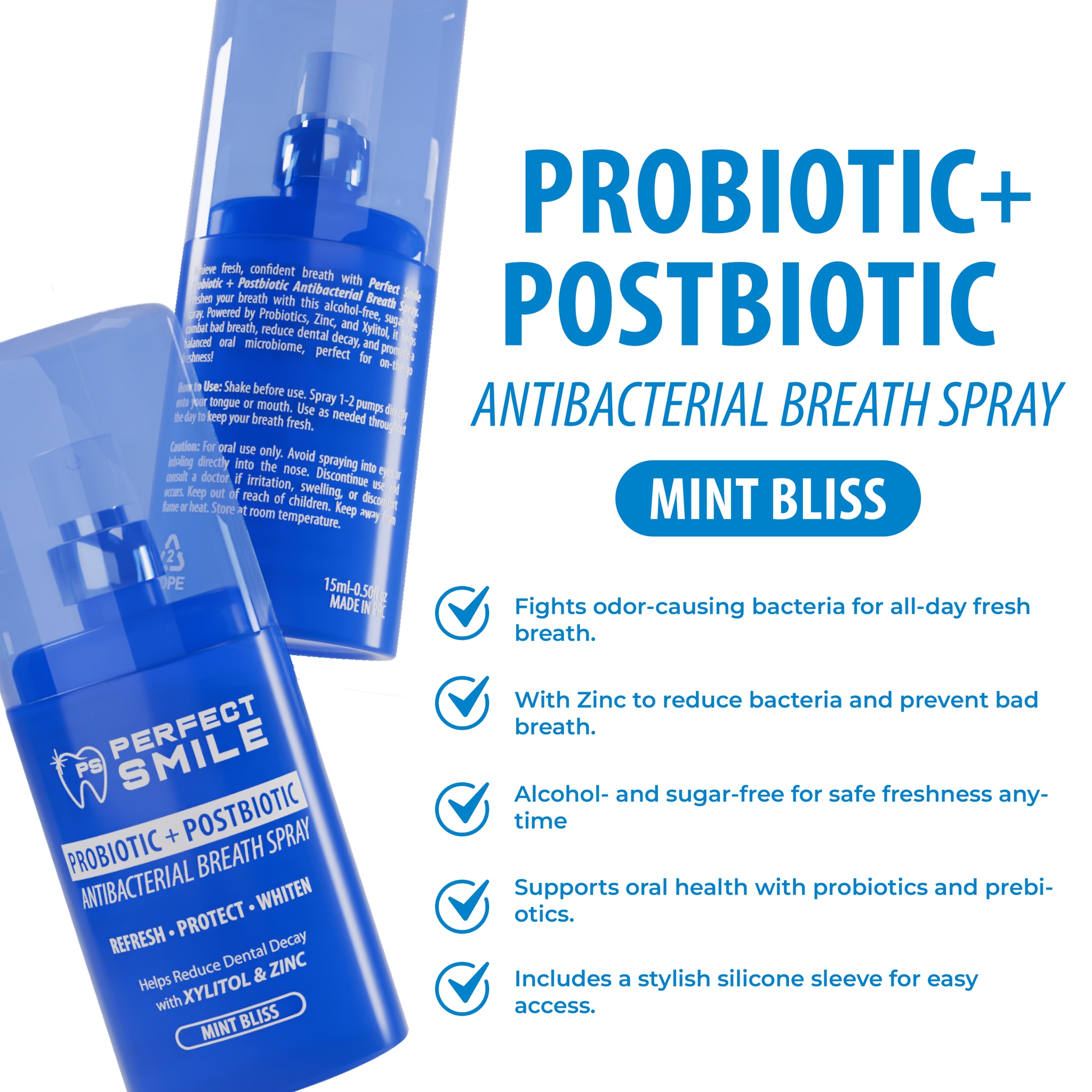 PERFECT SMILE Probiotic+Postbiotic Antibacterial Breath Spray Mint Bliss 15ml