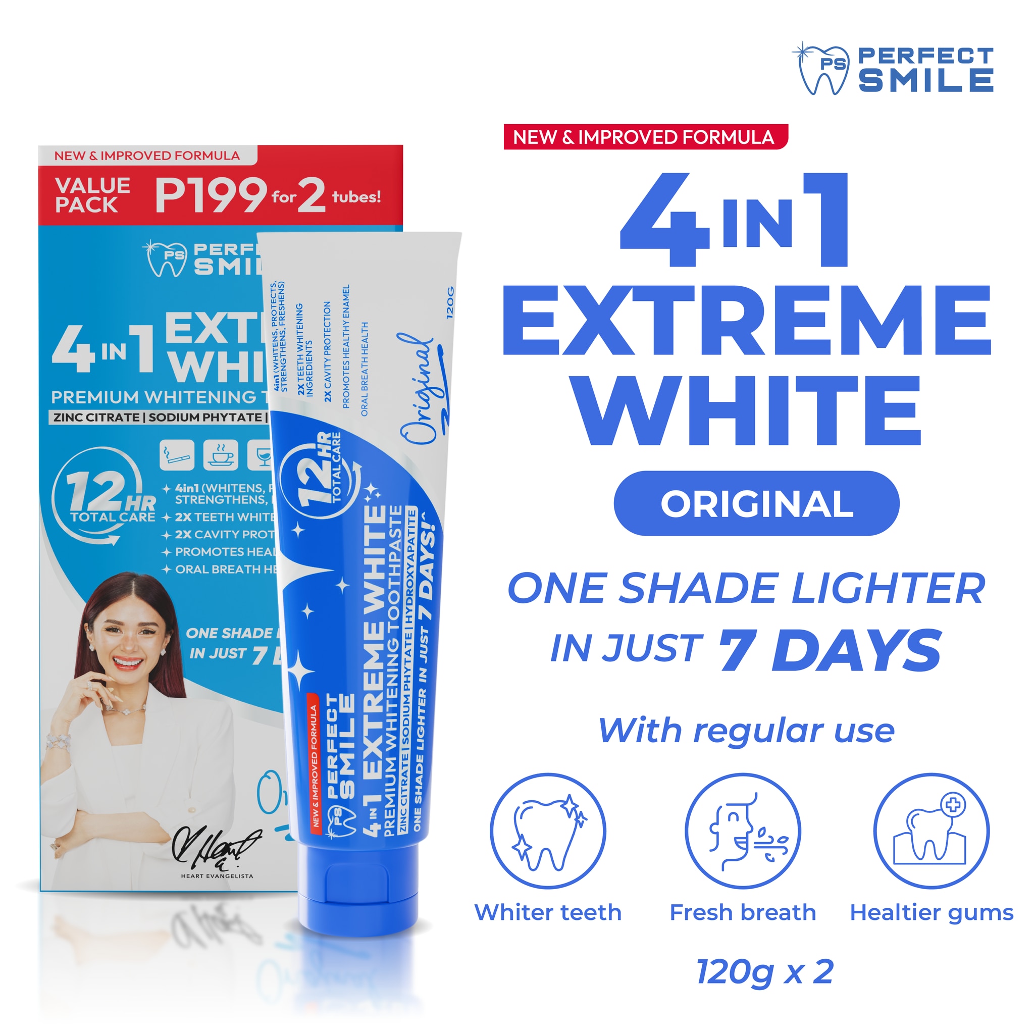 PERFECT SMILE 4in1 Extreme White Premium Whitening Toothpaste Original 120g x2
