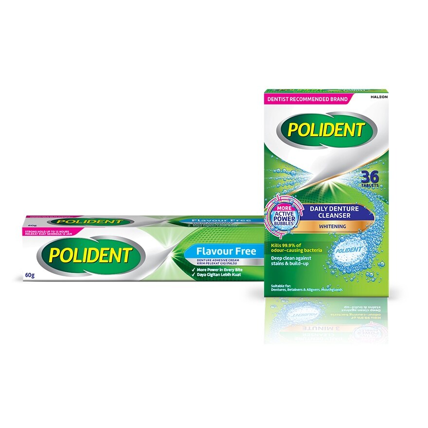 Polident Denture Adhesive Flavour-free 60g + Polident Denture Cleanser Whitening 36s image