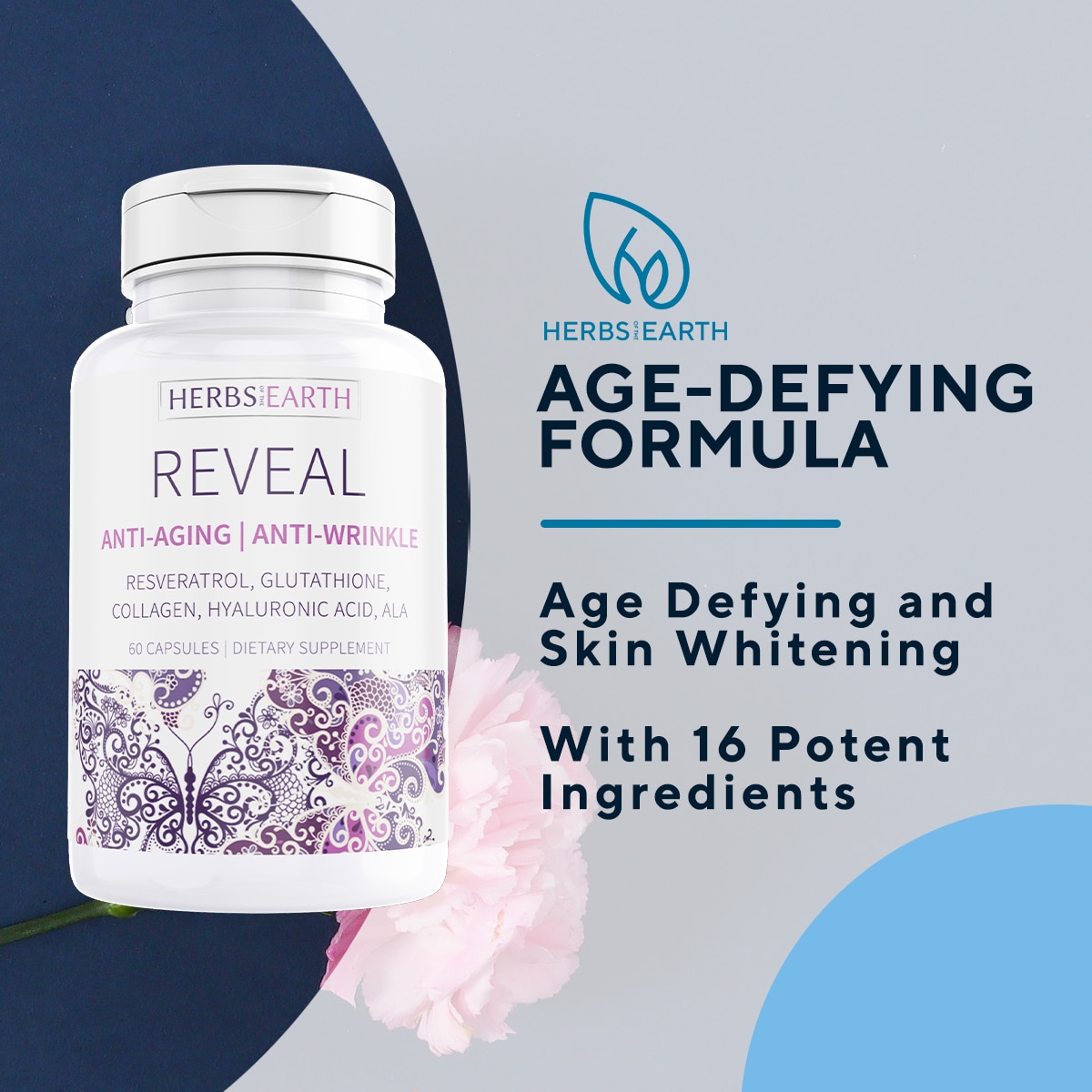REVEAL Glutathione Collagen Age Defy Whitening Glowing Skin USA MADE 60 Caps Herbs of the Earth image