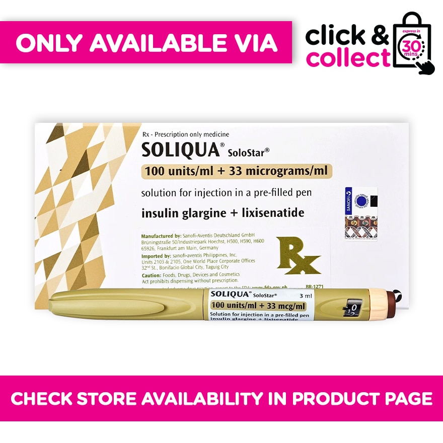 SOLIQUA Insulin Glargine 100 Units/mL + Lixisenatide 33 mcg/Ml [PRESCRIPTION REQUIRED] Available In Click & Collect and Express Delivery Only