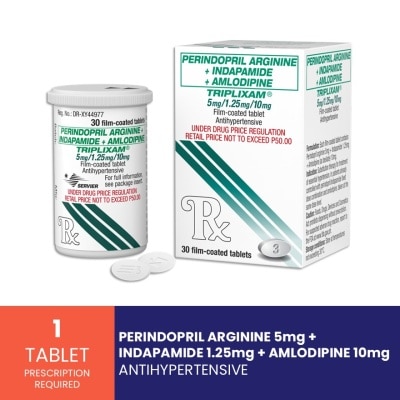 TRIPLIXAM - TRIPLIXAM Perindopril arginine + Indapamide + Amlodipine besilate 5mg/1.25mg/10mg Sold Per Piece [Prescription Required] image
