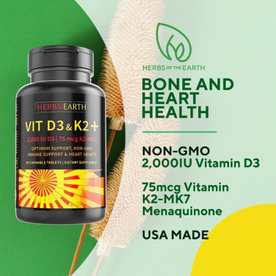 HERBS OF THE EARTH Vitamin D3 with K2 + MK 7 2000 IU and 75mcg NON GMO 90 Tabs USA MADE From Herbs of the Earth image
