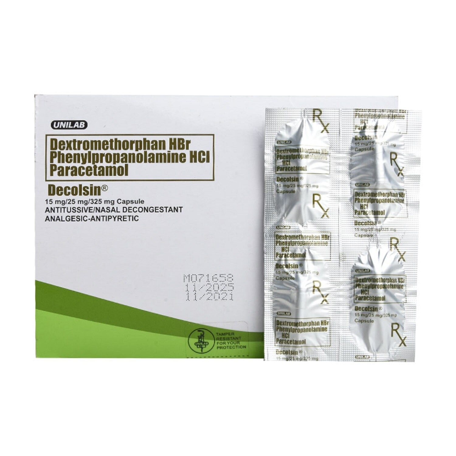 DECOLSIN Dextromethorphan hydrobromide 15 mg Phenylpropanolamine hydrochloride 25 mg Paracetamol 325 mg Capsule Sold Per Piece [PRESCRIPTION REQUIRED]