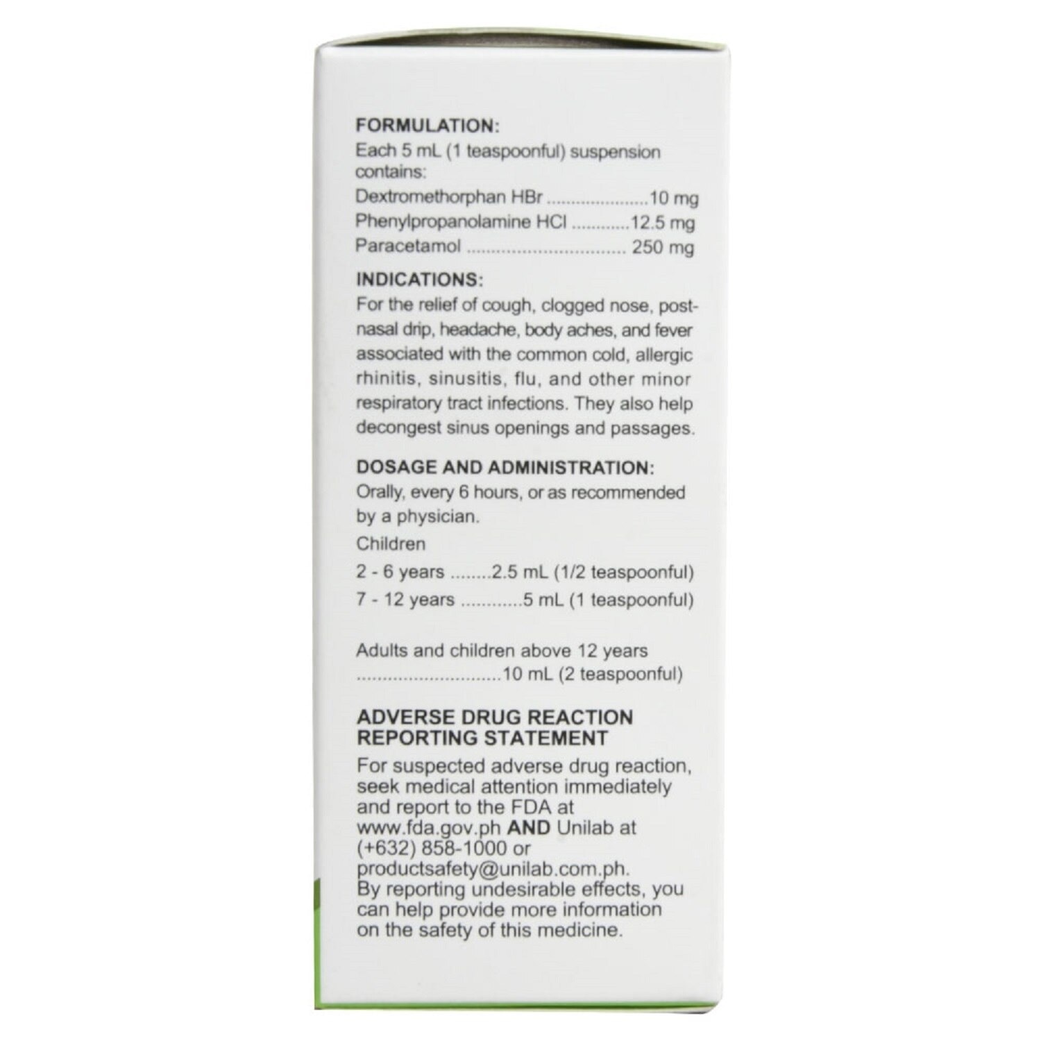 Dextromethorphan hydrobromide 10 mg Phenylpropanolamine hydrochloride 12.5 mg Paracetamol 250 mg Oral Suspension [PRESCRIPTION REQUIRED]