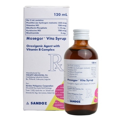 MOSEGOR VITA Pizotifen hydrogen maleate 0.25 mg; Vitamin B1 0.7 mg; Vitamin B2 1.14 mg; Vitamin B6 0.7 mg; Nicotinamide 5 mg per 5mL Syrup 120mL [PRESCRIPTION REQUIRED]