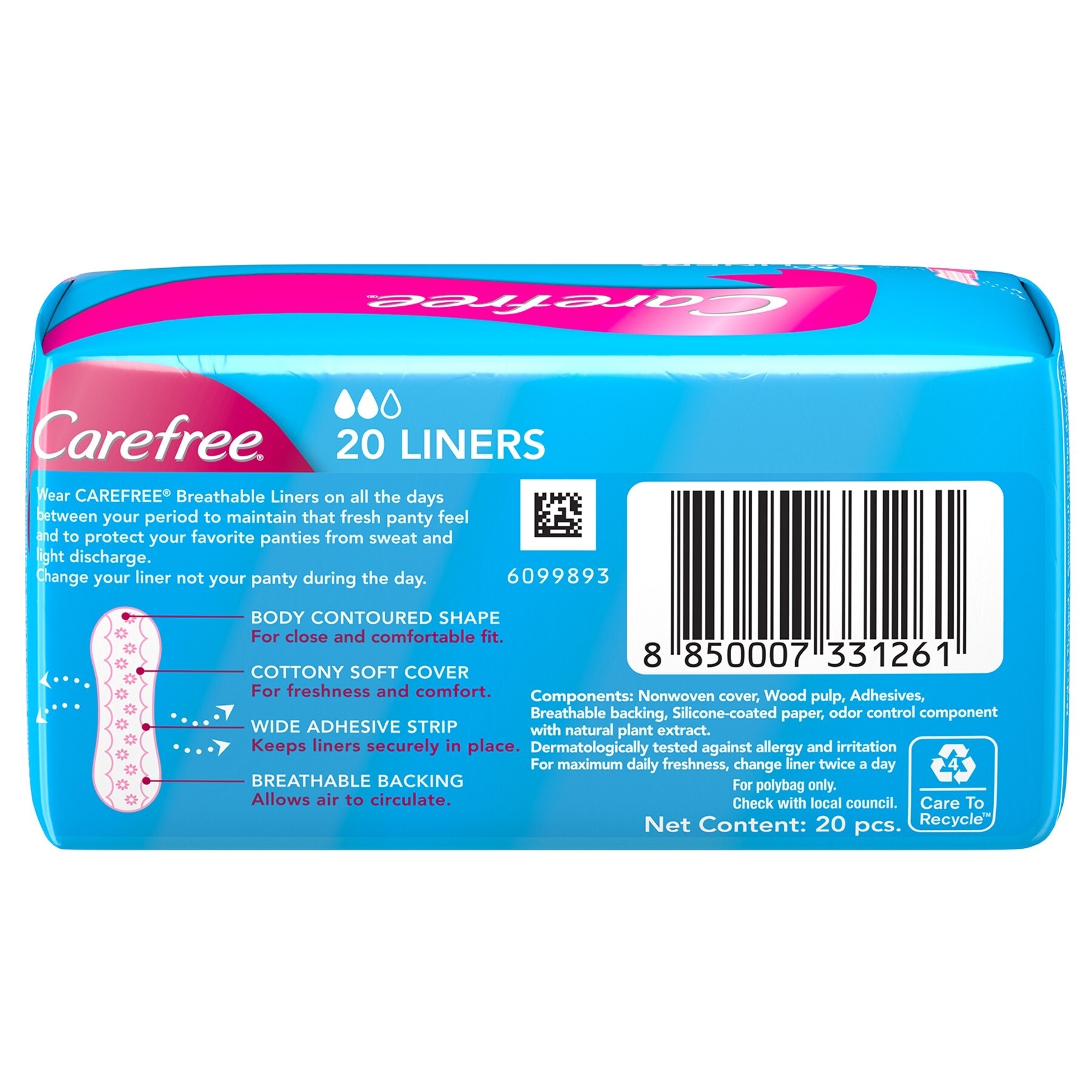 Carefree Breathable Panty Liners Flats 20s - Feminine Care, Odor Control, Absorb Discharge