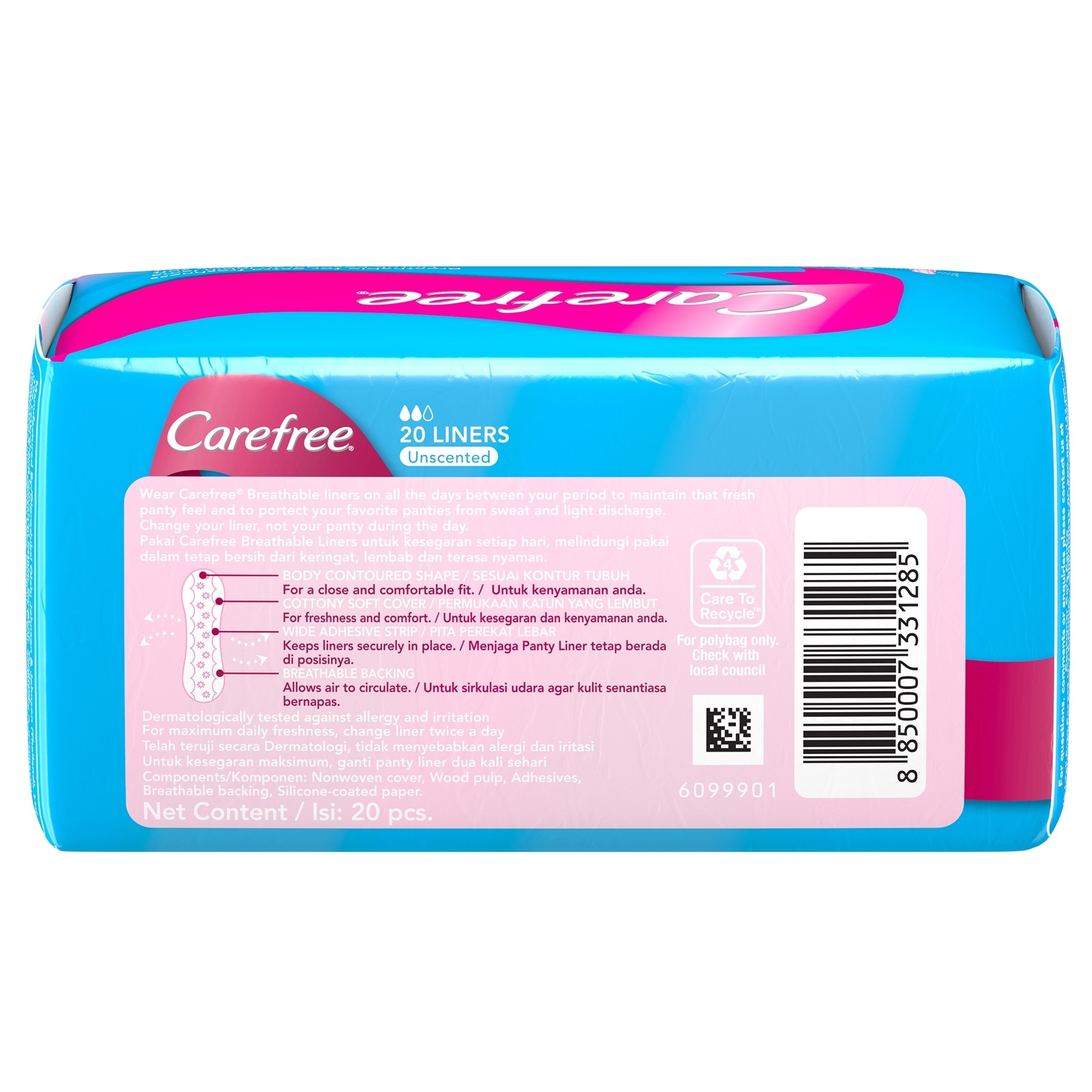 Carefree Breathable Unscented Panty Liners 20s - Feminine Care, Odor Control, Absorb Discharge