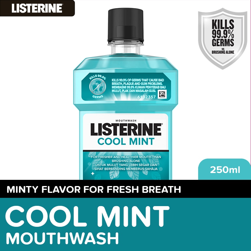 Listerine Cool Mint Mouthwash 250ml - Oral Care, Mint Fresh to Fight Bad Breath, Toothbrush Routine