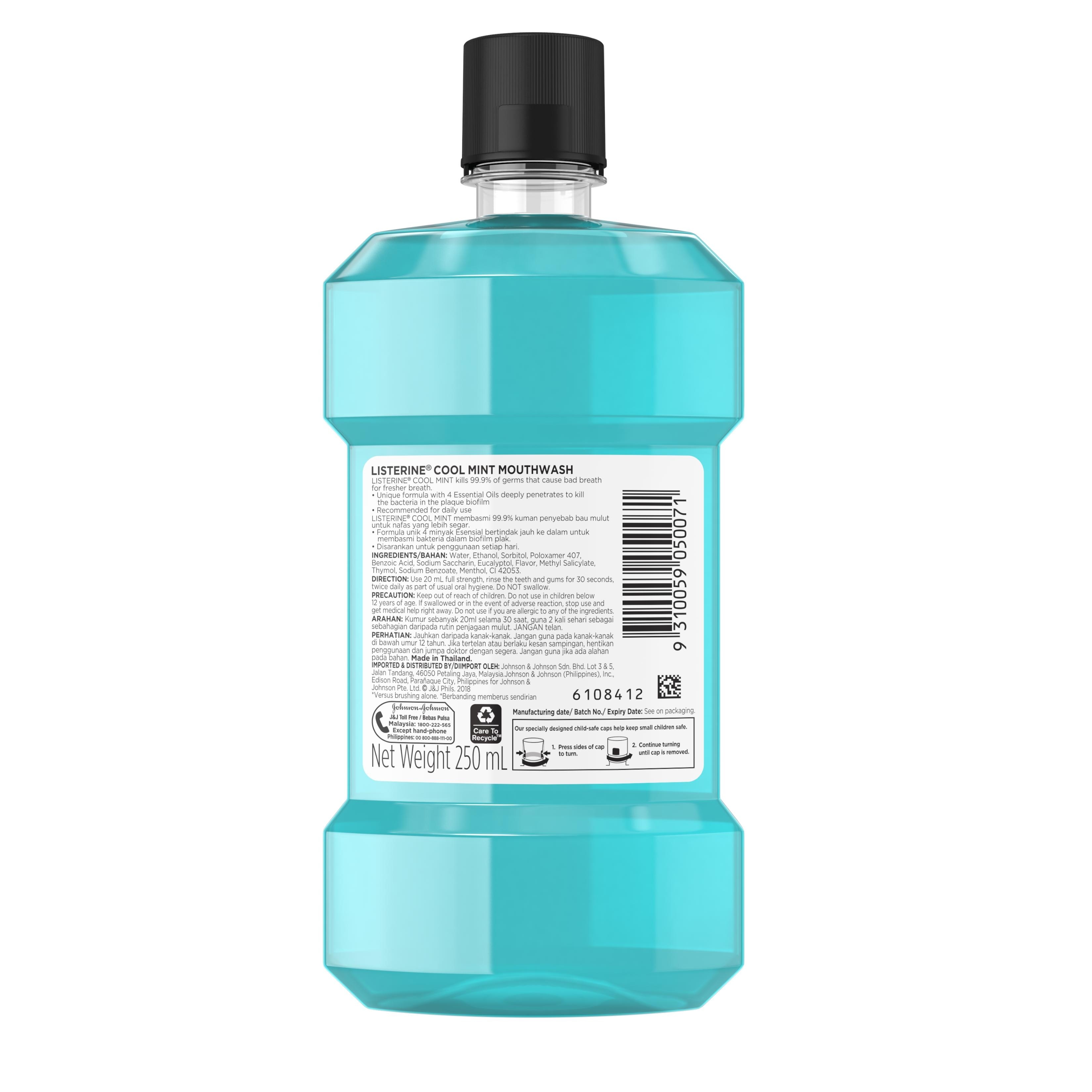 Listerine Cool Mint Mouthwash 250ml - Oral Care, Mint Fresh to Fight Bad Breath, Toothbrush Routine