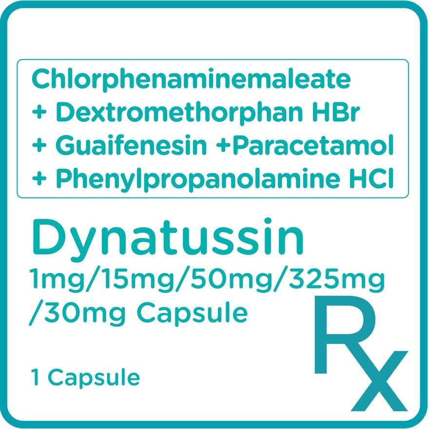 DYNATUSSIN Chlorphenamine maleate + Dextromethorphan HBr + Guaifenesin + Paracetamol + Phenylpropanolamine HCl 1mg/15mg/50mg/325mg/30mg Sold Per Piece [PRESCRIPTION REQUIRED]