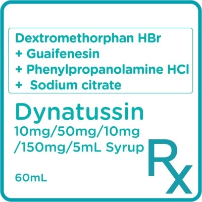 DYNATUSSIN Dextromethorphan HBr 10 mg + Guaifenesin 50 mg + Phenylpropanolamine HCl 10 mg + Sodium citrate 150 mg Syrup 60mL [PRESCRIPTION REQUIRED]