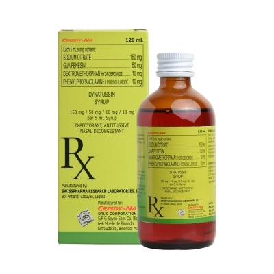 DYNATUSSIN Dextromethorphan HBr 10 mg + Guaifenesin 50 mg + Phenylpropanolamine HCl 10 mg + Sodium citrate 150 mg Syrup 120mL [PRESCRIPTION REQUIRED]