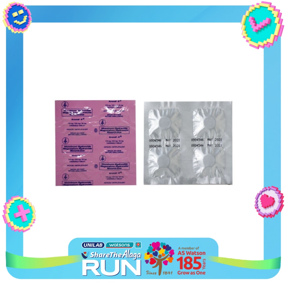 KREMIL S Aluminum hydroxide 178mg + Magnesium hydroxide 233mg + Simethicone 30mg x1 Chewable Tablet Sold Per Piece