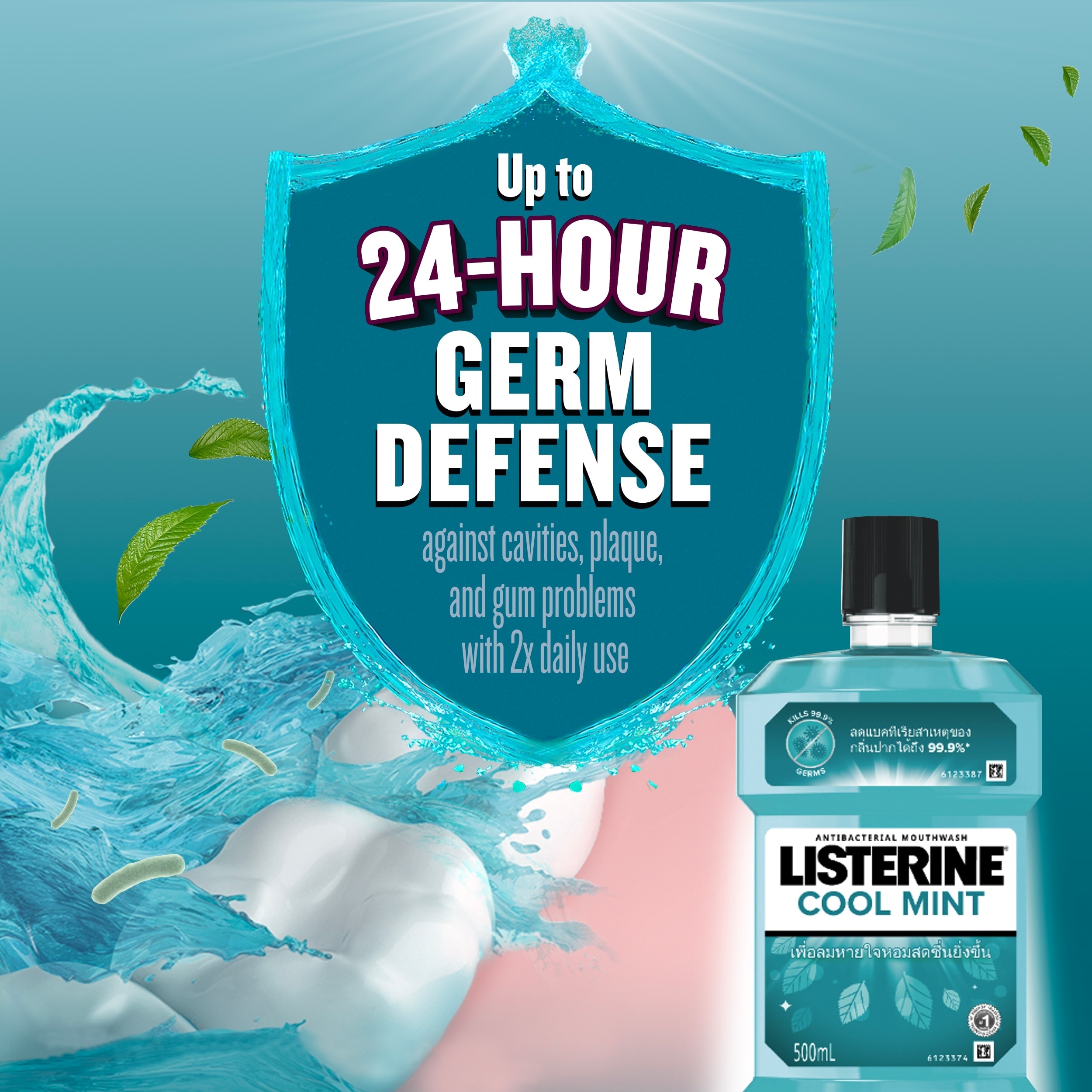 Listerine Cool Mint Mouthwash 500ml - Oral Care, Mint Fresh to Fight Bad Breath, Toothbrush Routine