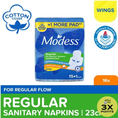 MODESS Modess Regular Cottony Soft with Wings Sanitary Napkins 16s - Regular Flow, Fast Absorbing vs Leaks