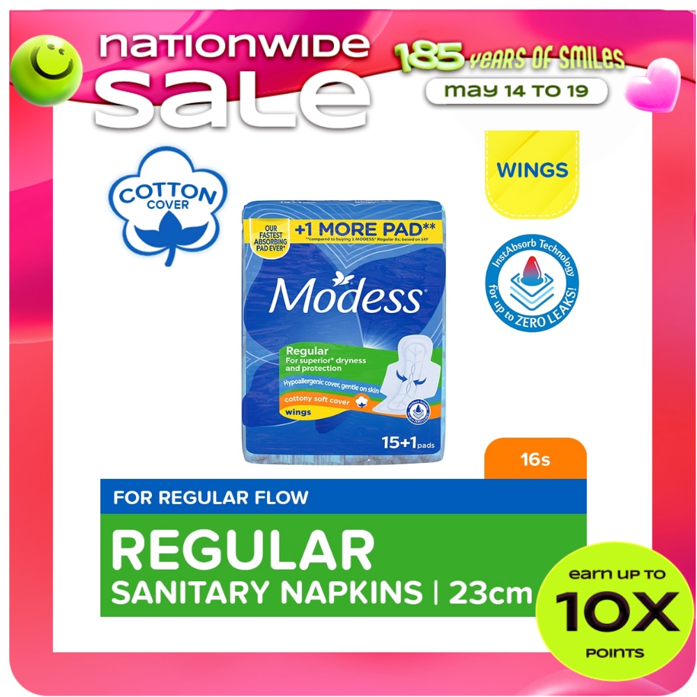Modess Regular Cottony Soft with Wings Sanitary Napkins 16s - Regular Flow, Fast Absorbing vs Leaks