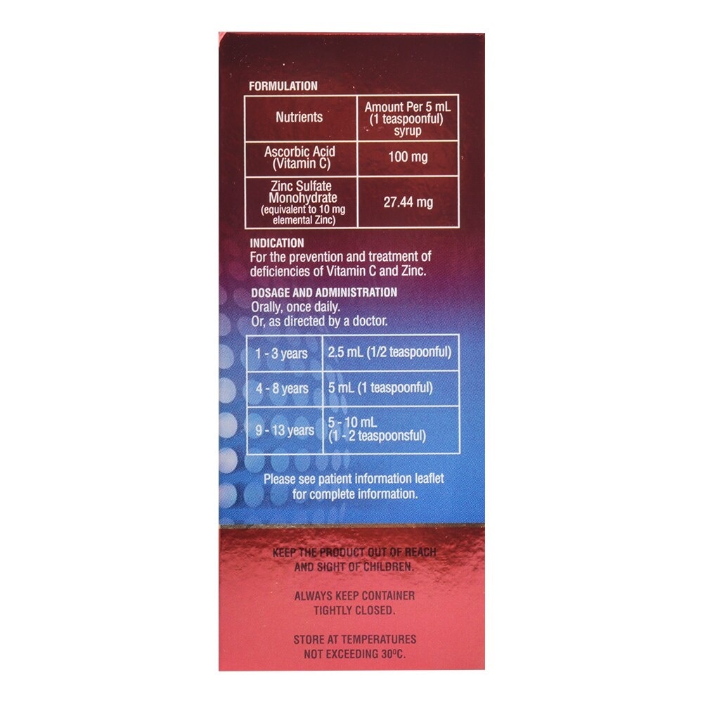 Ascorbic Acid Zinc 100 mg/10 mg/5 mL Syrup 60 mL