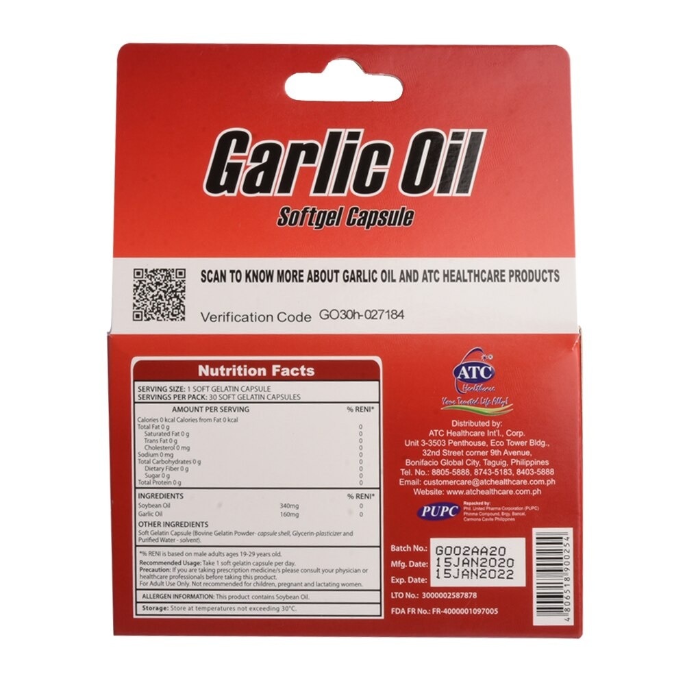 Garlic Oil Softgel Capsules 500mg x30 Box