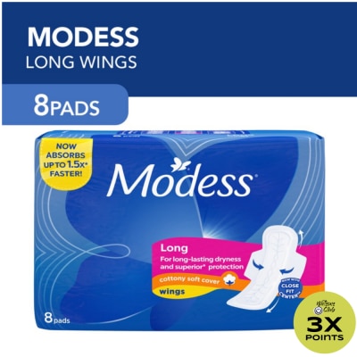 MODESS Modess Long Cottony Soft with Wings Sanitary Napkin 8s- Regular Flow, Fast Absorbing vs Leaks