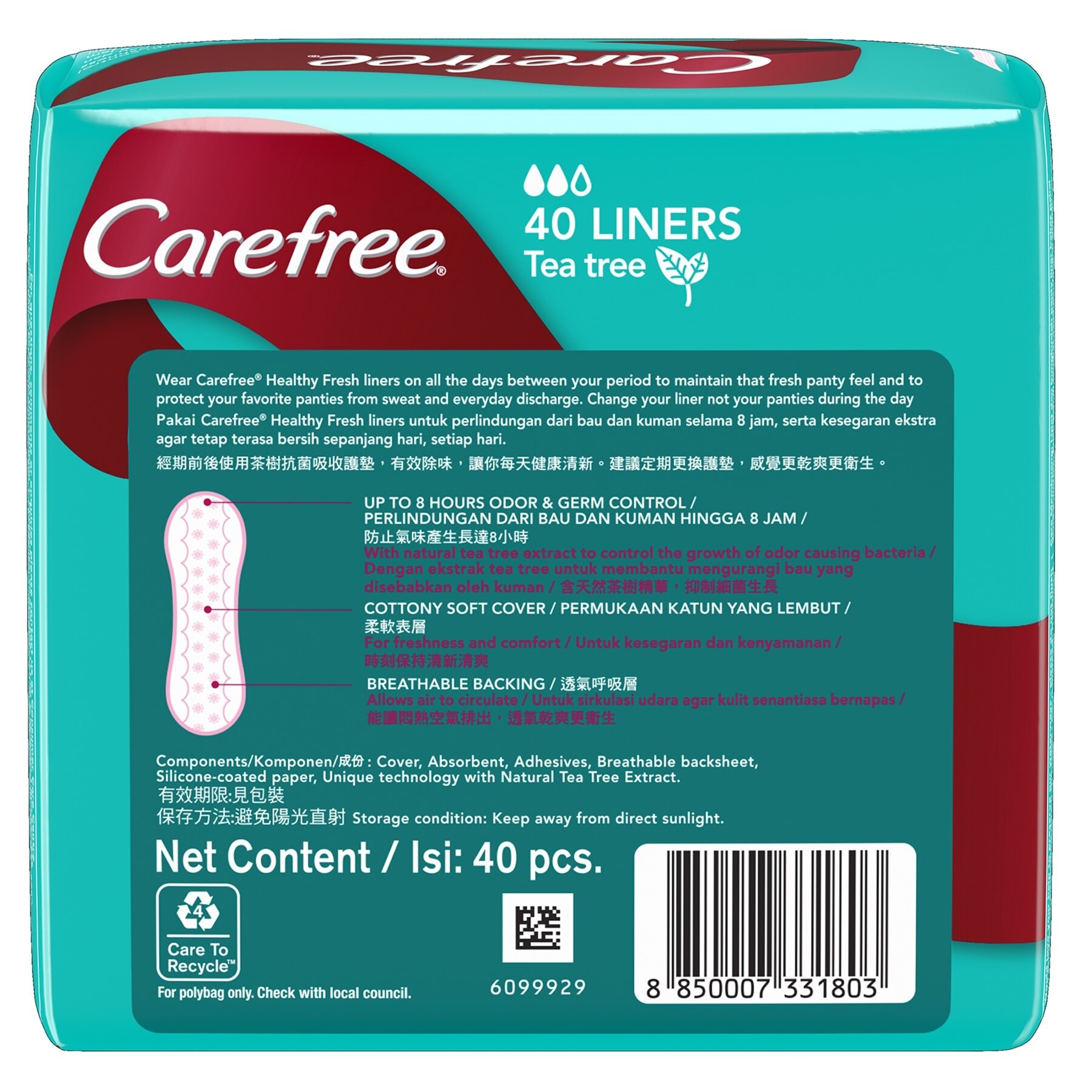 Carefree Healthy Fresh Panty Liners 40s - Feminine Care, Odor Control, Absorb Discharge