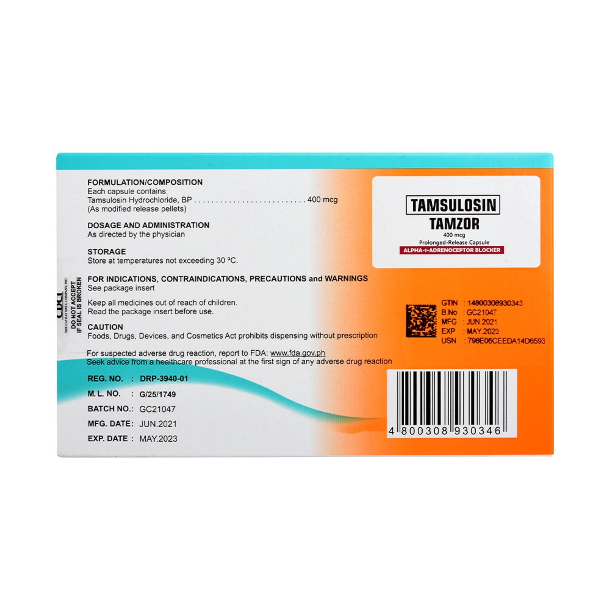 Tamzor Tamsulosin 400mcg 1 capsule [Prescription Required]