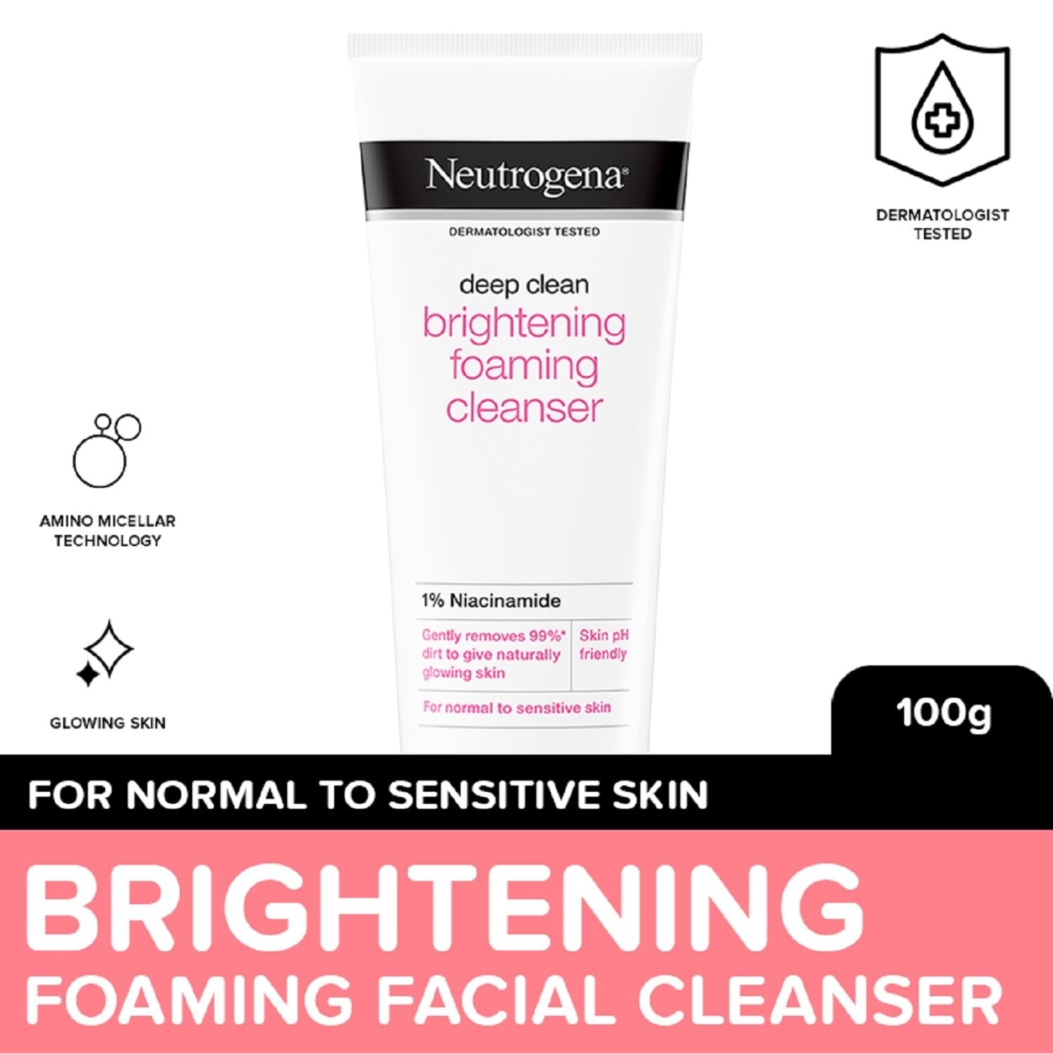 Neutrogena Deep Clean Brightening Foaming Cleanser 100g - Facial Wash w Niacinamide, All Skin Types