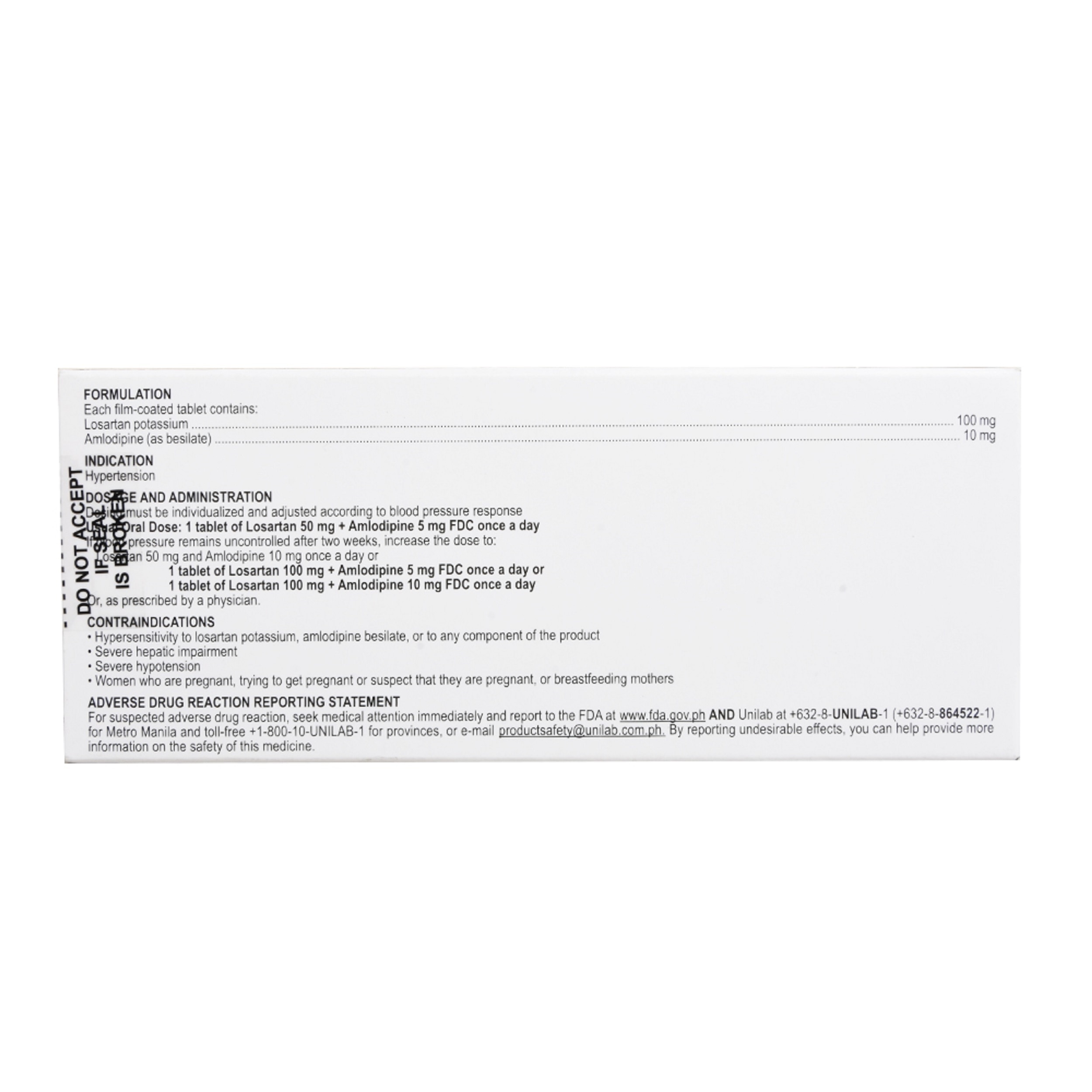 Losartan Potassium + Amlodipine Besilate 100mg/10mg 1 Filmcoated Tablet [PRESCRIPTION REQUIRED]