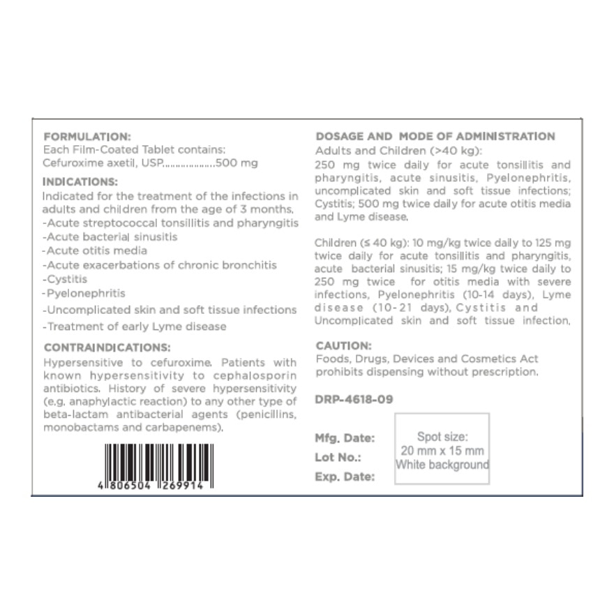 WATSONS GENERICS Cefuroxime Antibacterial Film Coated Tablet 500mg Sold Per Piece [PRESCRIPTION REQUIRED]