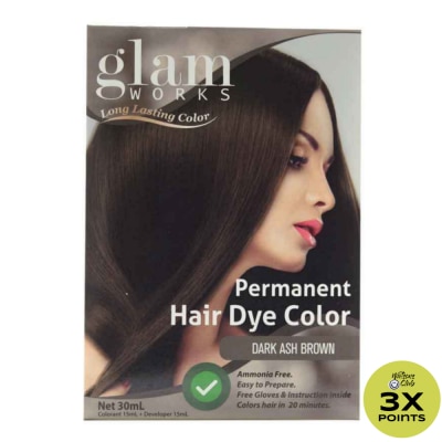 GLAMWORKS Permanent Hair Dye Color Dark Ash Brown 30ml