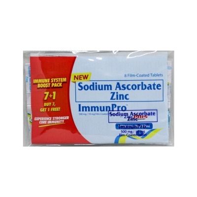 IMMUNPRO Sodium ascorbate 500mg; Zinc sulfate monohydrate (equiv to elemental Zinc 10mg) 27.5mg Film-coated Tablet