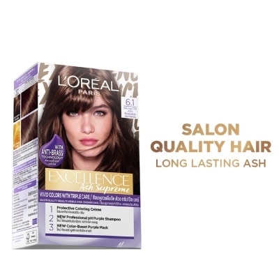 LOREAL Excellence Ash Supreme Hair Color - 6.1 Brunette Ash with Anti Brass Purple Shampoo