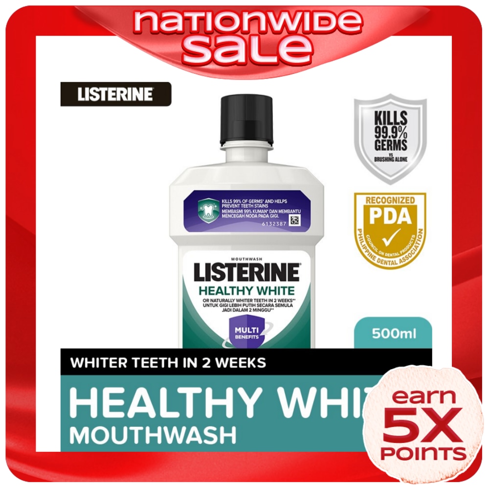Listerine Healthy White Mouthwash 500ml For Teeth Whitening, Mint Fresh to Fight Bad Breath