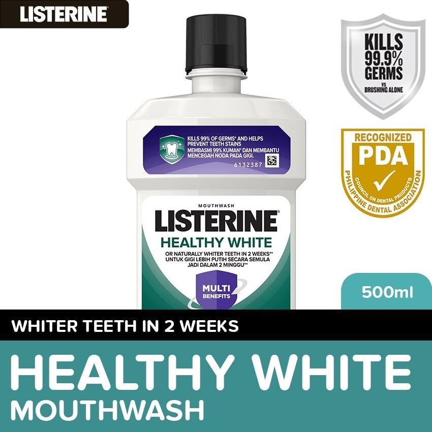 Listerine Healthy White Mouthwash 500ml For Teeth Whitening, Mint Fresh to Fight Bad Breath