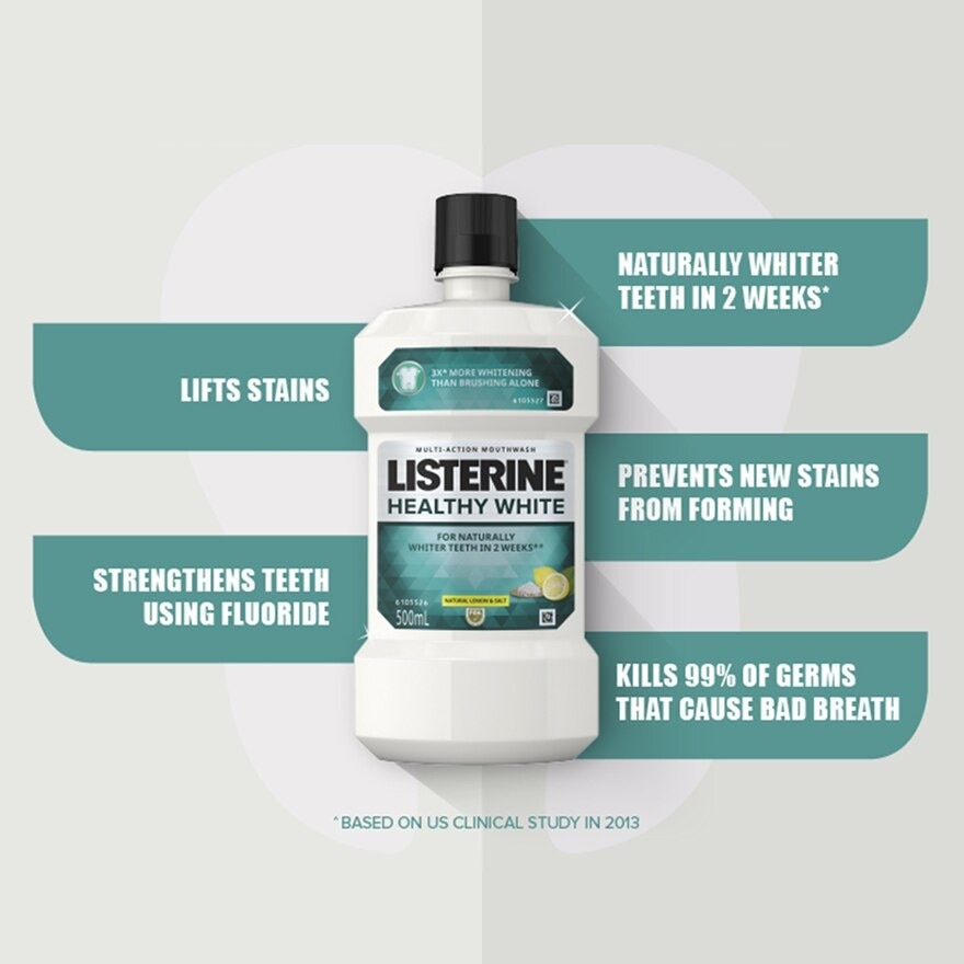 Listerine Healthy White Mouthwash 500ml For Teeth Whitening, Mint Fresh to Fight Bad Breath