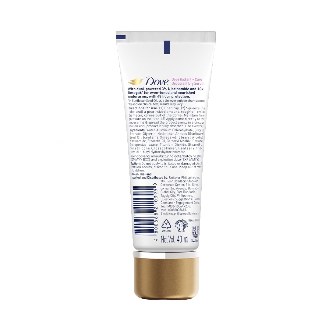 Dove Radiant + Care Deodorant Dry Serum 3% Niacinamide 10x Omega 6 Pore Smoothener 40ml