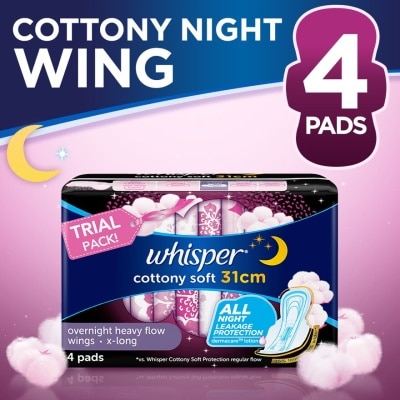 WHISPER Cottony Clean Heavy Flow / X-Long Overnight Wings 4 Pads [SANITARY NAPKIN]