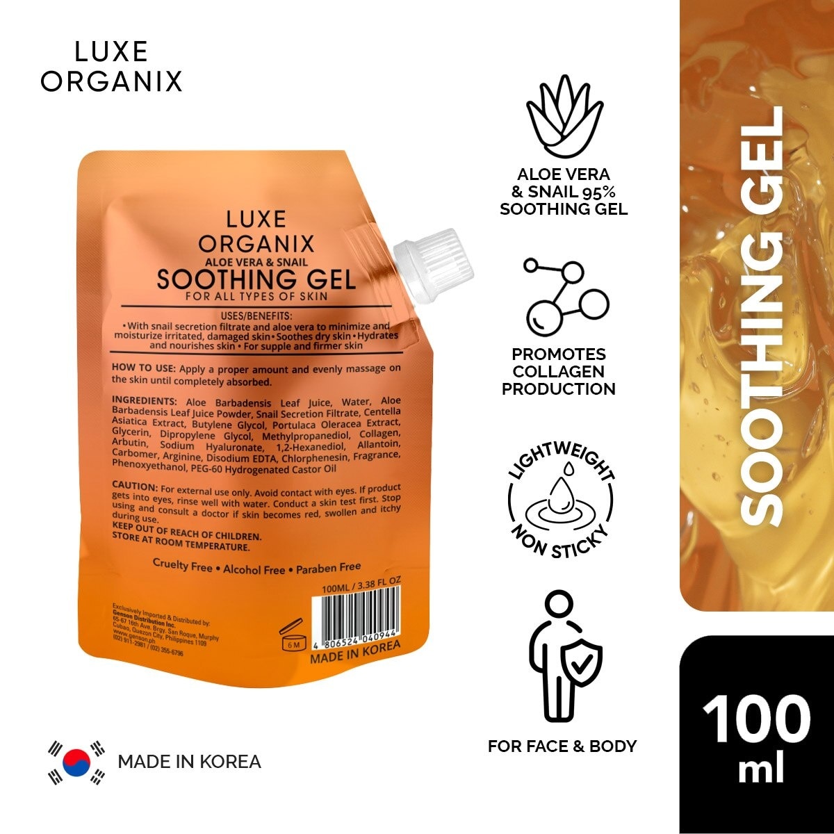 Luxe Organix Snail & Aloe Soothing Gel 95% 100ml Sachet