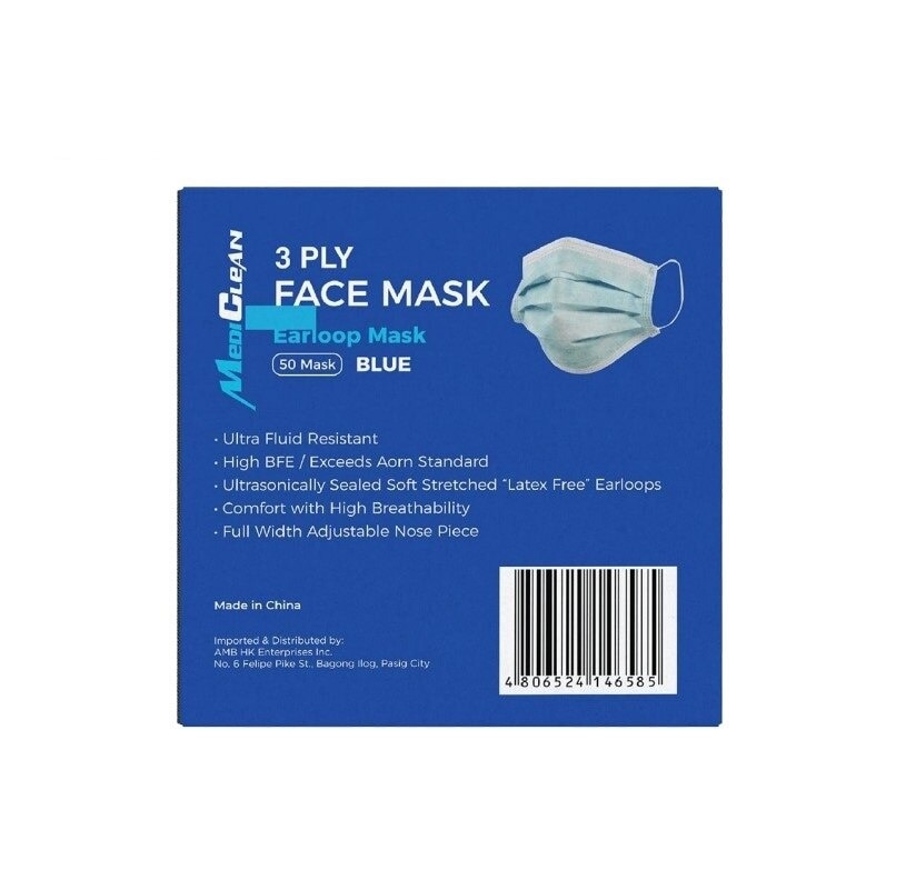 Medi Clean Earloop Face Mask Blue Sold Per Piece