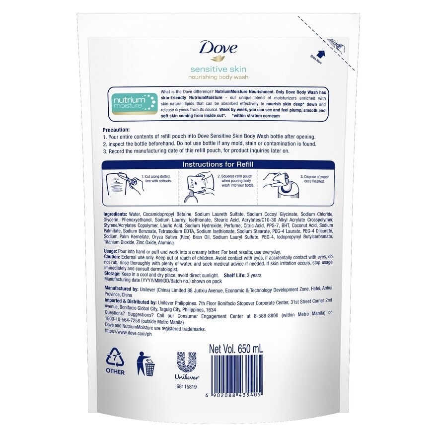 Dove Body Wash Refill Sensitive Skin 650ml