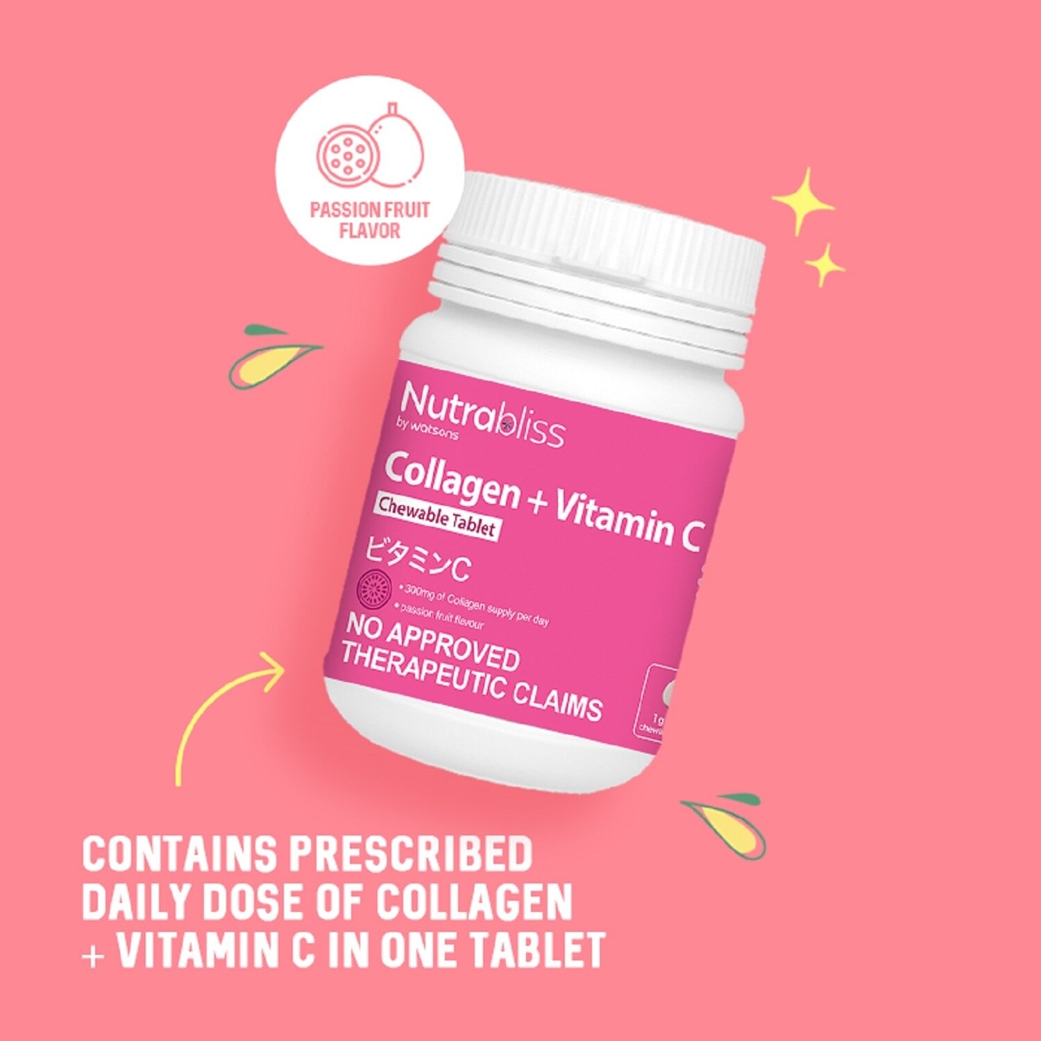 Collagen + Vitamin C Passion Fruit Flavor Food Supplement 120 Chewable Tablets [Expiration Date: April 2025]