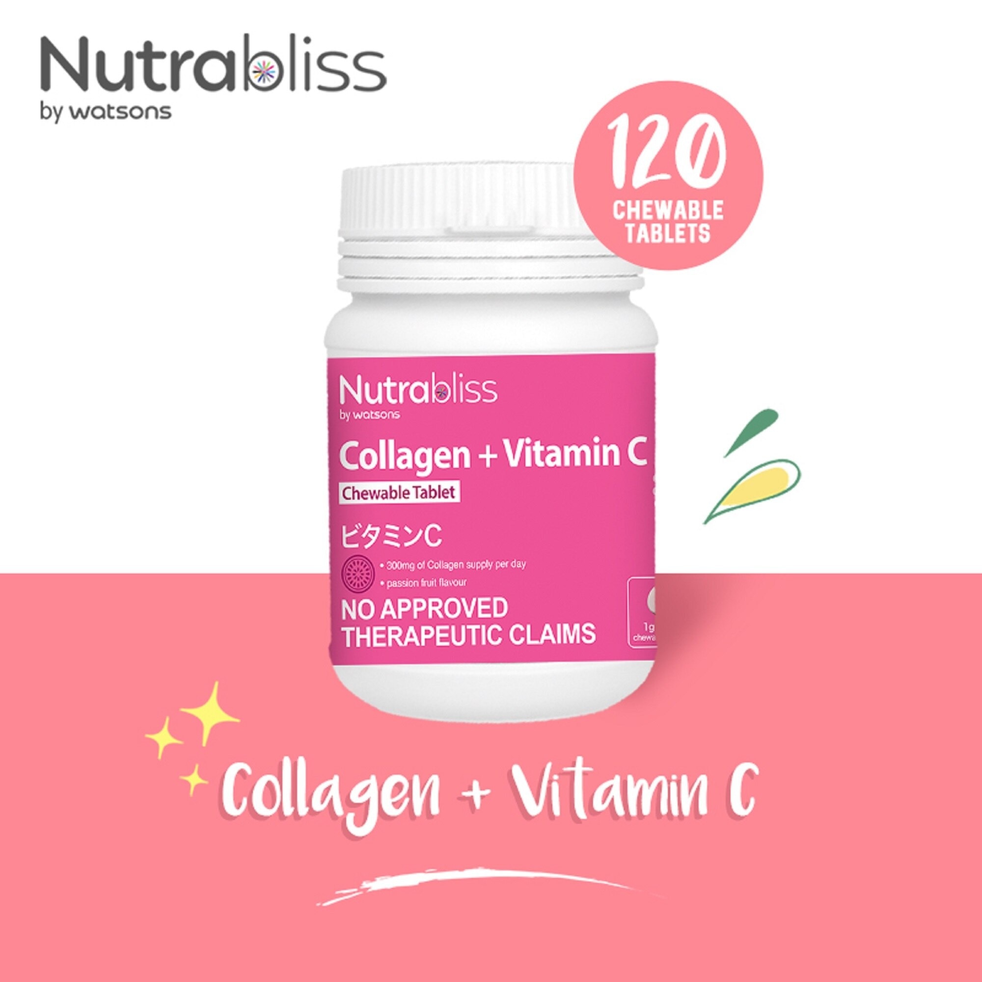 NUTRABLISS Collagen + Vitamin C Passion Fruit Flavor Food Supplement 120 Chewable Tablets (Expiry: Nov. 2025)